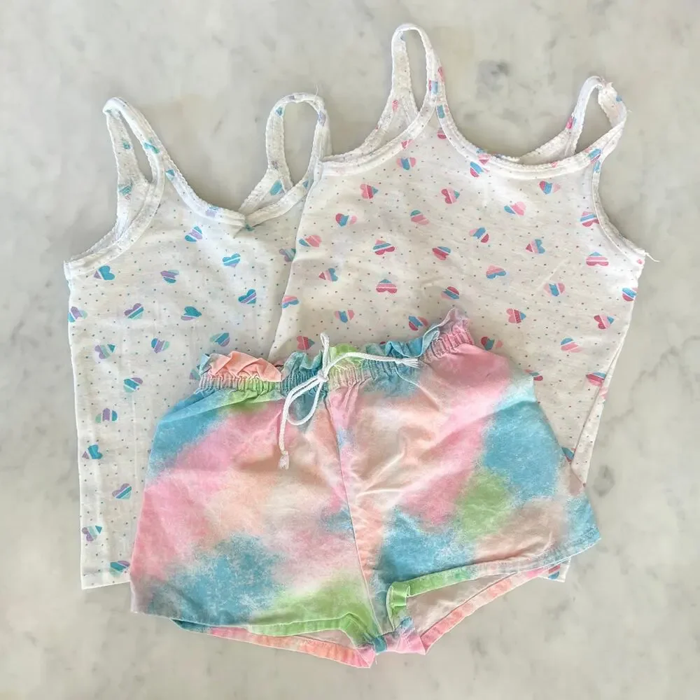Vintage 80s 90s Girls' Bundle Heart Tank Tops and Rainbow Shorts / Small 5 6